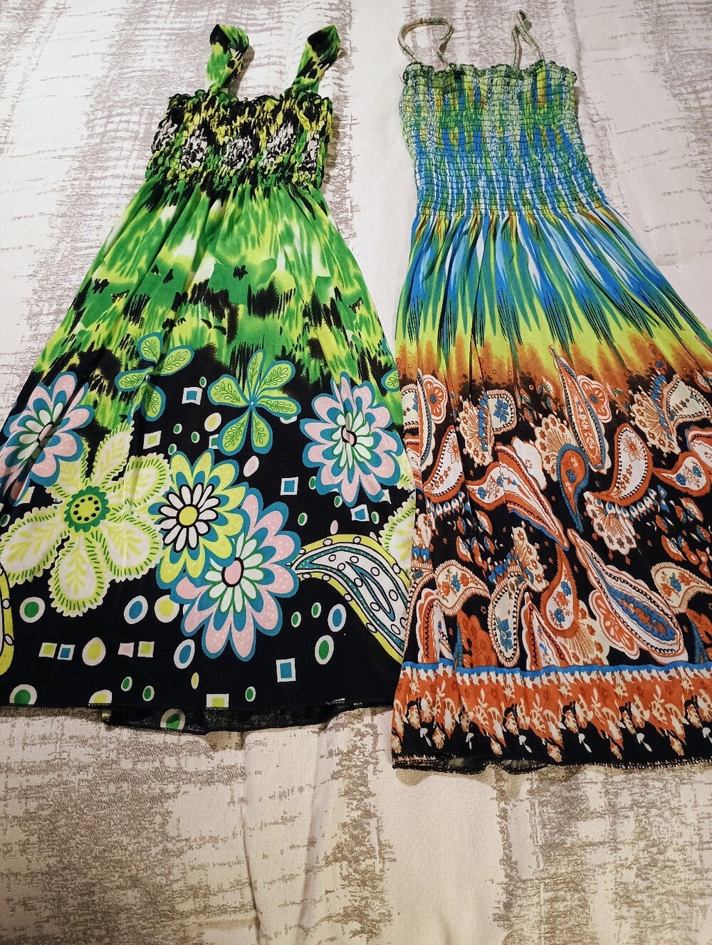 Pair of Vibrant Boho Summer Midi Dresses - Green & Multicolor